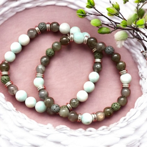 Oil Diffuser Bracelet Set Genuine Labradorite& Amazonite  Semiprecious Gemstones - Picture 1 of 2